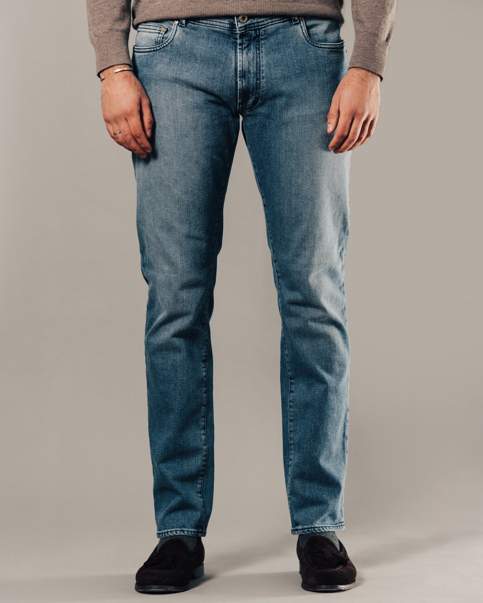 Light blue denim cotton 5 pockets trousers